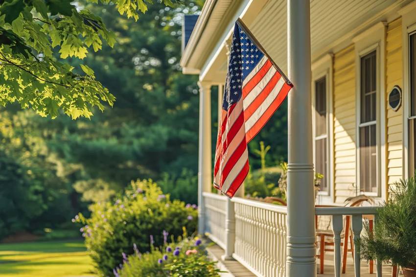 American flag hanging on a home's front porch